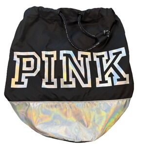 Victoria's Secret PINK ~ Excellent Metallic Drawstring Backpack Black/Silver EUC